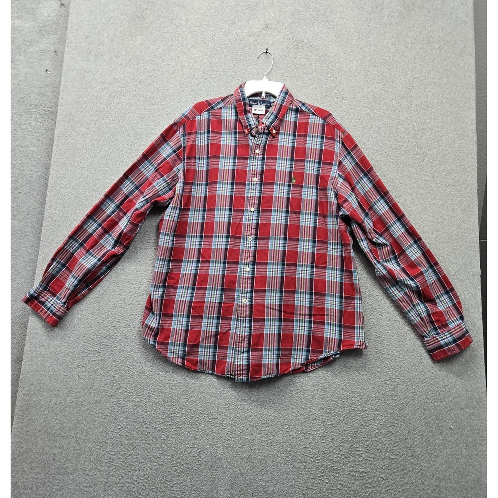 VINTAGE Ralph Lauren Men Button Up Shirt 2XL Red Plaid Custom Fit Long Sleeve